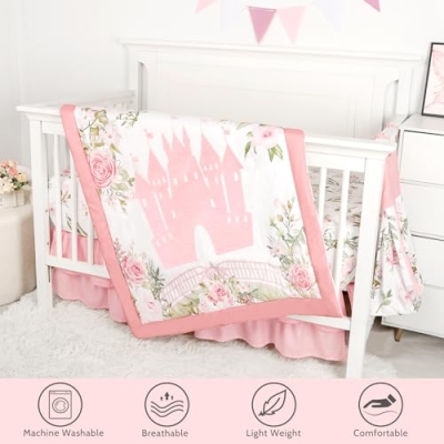 Pink Floral Castle 4 Piece Crib Bedding Set for Baby Girls, Microfiber Nursery Collection, 28x52in 12 Product: TANOFAR 4-Piece Crib Bedding Set for Baby Girls, Floral Castle Nursery Bedding Set Includes Comforter, Fitted Crib Sheet, Crib Skirt, and Diaper Stacker, Pink