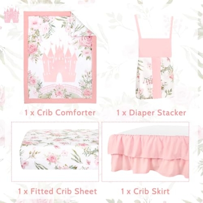 Pink Floral Castle 4 Piece Crib Bedding Set for Baby Girls, Microfiber Nursery Collection, 28x52in 10 Product: TANOFAR 4-Piece Crib Bedding Set for Baby Girls, Floral Castle Nursery Bedding Set Includes Comforter, Fitted Crib Sheet, Crib Skirt, and Diaper Stacker, Pink