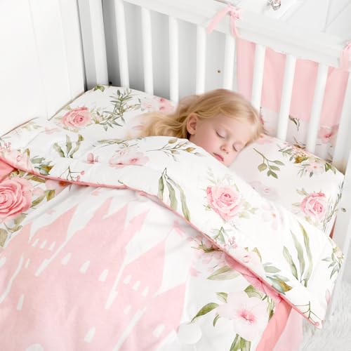 Pink Floral Castle 4 Piece Crib Bedding Set for Baby Girls, Microfiber Nursery Collection, 28x52in 2 Product: TANOFAR 4-Piece Crib Bedding Set for Baby Girls, Floral Castle Nursery Bedding Set Includes Comforter, Fitted Crib Sheet, Crib Skirt, and Diaper Stacker, Pink