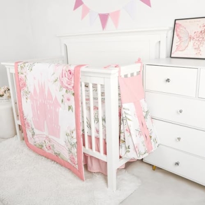 Pink Floral Castle 4 Piece Crib Bedding Set for Baby Girls, Microfiber Nursery Collection, 28x52in 13 Product: TANOFAR 4-Piece Crib Bedding Set for Baby Girls, Floral Castle Nursery Bedding Set Includes Comforter, Fitted Crib Sheet, Crib Skirt, and Diaper Stacker, Pink