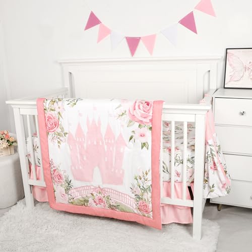 Pink Floral Castle 4 Piece Crib Bedding Set for Baby Girls, Microfiber Nursery Collection, 28x52in 1 Product: TANOFAR 4-Piece Crib Bedding Set for Baby Girls, Floral Castle Nursery Bedding Set Includes Comforter, Fitted Crib Sheet, Crib Skirt, and Diaper Stacker, Pink