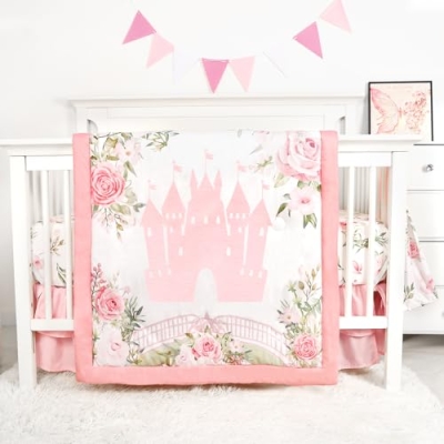 Product: TANOFAR 4-Piece Crib Bedding Set for Baby Girls, Floral Castle Nursery Bedding Set Includes Comforter, Fitted Crib Sheet, Crib Skirt, and Diaper Stacker, Pink