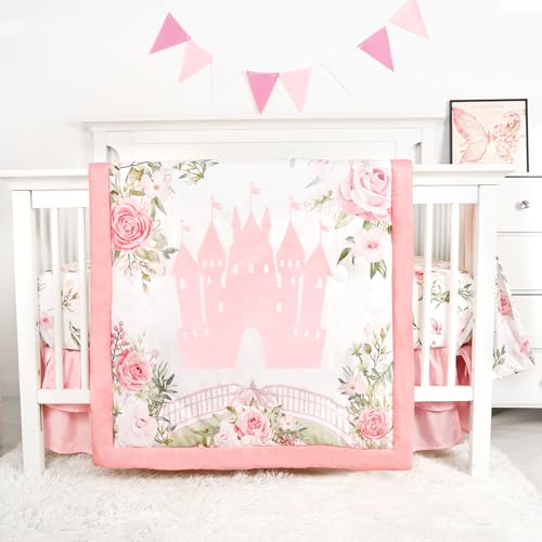 TANOFAR 4-Piece Crib Bedding Set for Baby Girls, Floral Castle Nursery Bedding Set Includes Comforter, Fitted Crib Sheet, Crib Skirt, and Diaper Stacker, Pink - Crib Bedding Sets Product: TANOFAR 4-Piece Crib Bedding Set for Baby Girls, Floral Castle Nursery Bedding Set Includes Comforter, Fitted Crib Sheet, Crib Skirt, and Diaper Stacker, Pink