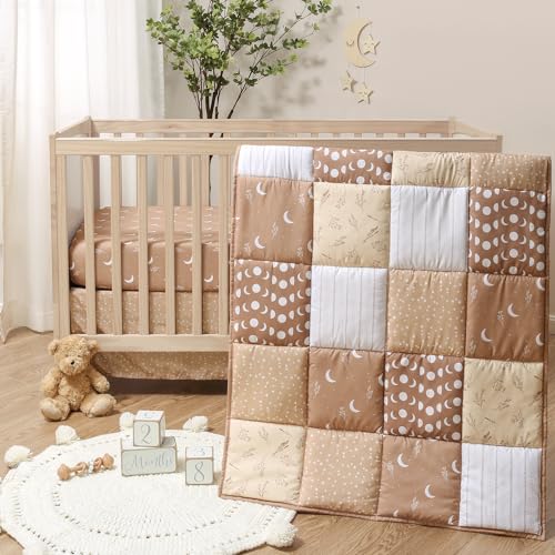 Celestial Crib Bedding Set, 3 Piece Quilt Fitted Sheet Bed Skirt, Stars Moon Nursery, Standard 28 x 52 in 5 Product: The Peanutshell 3 Piece Baby Crib Bedding Set for Boys & Girls - Newborn, Infant & Toddler Nursery Bed Set Decor with Fitted Crib Sheet, Dust Ruffle Comforter - Boho Celestial
