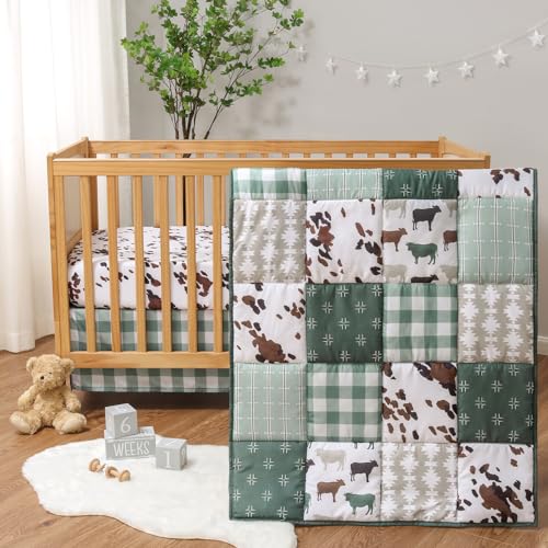 Farmhouse Cow Crib Bedding Set, 3 Piece Quilt Fitted Sheet Bed Skirt, Forest Green Ivory, 28x52 in 4 Product: The Peanutshell 3 Piece Baby Crib Bedding Set for Boys & Girls - Newborn, Infant & Toddler Nursery Bed Set Decor with Fitted Crib Sheet, Dust Ruffle Comforter - Boho Farm