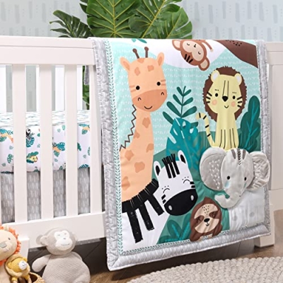 Safari Nursery Crib Bedding Set, 3 Piece Quilt Fitted Sheet Crib Skirt, Zebra Lion Giraffe Elephant Monkey, Standard Crib 28x52in 12 Product: The Peanutshell 3 Piece Baby Crib Bedding Set for Boys & Girls - Newborn, Infant & Toddler Nursery Bed Set Decor with Fitted Crib Sheet, Dust Ruffle Comforter - Safari Adventures