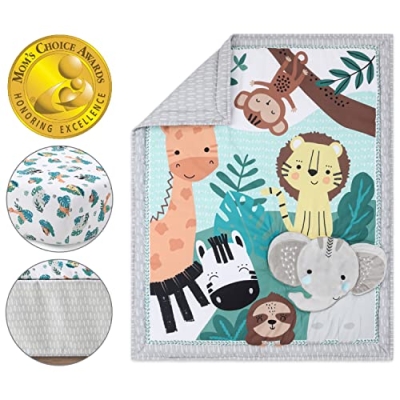 Safari Nursery Crib Bedding Set, 3 Piece Quilt Fitted Sheet Crib Skirt, Zebra Lion Giraffe Elephant Monkey, Standard Crib 28x52in 8 Product: The Peanutshell 3 Piece Baby Crib Bedding Set for Boys & Girls - Newborn, Infant & Toddler Nursery Bed Set Decor with Fitted Crib Sheet, Dust Ruffle Comforter - Safari Adventures