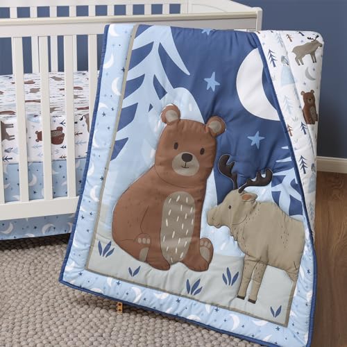 Peanutshell Under The Stars Baby Crib Bedding Set, Woodland Nursery Quilt Fitted Sheet Bed Skirt, Blue 28x52in 4 Product: The Peanutshell 3 Piece Baby Crib Bedding Set for Boys - Newborn, Infant & Toddler Nursery Bed Set Decor with Fitted Crib Sheet, Dust Ruffle Comforter - Under The Stars