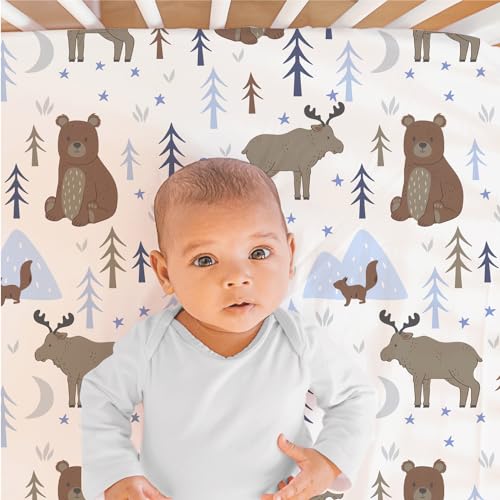 Peanutshell Under The Stars Baby Crib Bedding Set, Woodland Nursery Quilt Fitted Sheet Bed Skirt, Blue 28x52in 2 Product: The Peanutshell 3 Piece Baby Crib Bedding Set for Boys - Newborn, Infant & Toddler Nursery Bed Set Decor with Fitted Crib Sheet, Dust Ruffle Comforter - Under The Stars