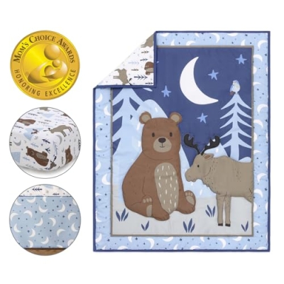 Peanutshell Under The Stars Baby Crib Bedding Set, Woodland Nursery Quilt Fitted Sheet Bed Skirt, Blue 28x52in 7 Product: The Peanutshell 3 Piece Baby Crib Bedding Set for Boys - Newborn, Infant & Toddler Nursery Bed Set Decor with Fitted Crib Sheet, Dust Ruffle Comforter - Under The Stars