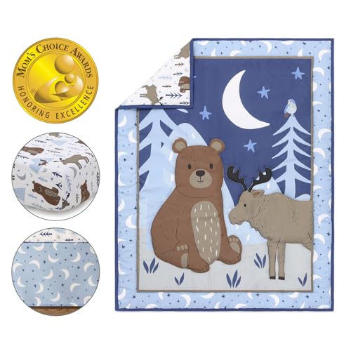 Peanutshell Under The Stars Baby Crib Bedding Set, Woodland Nursery Quilt Fitted Sheet Bed Skirt, Blue 28x52in 1 Product: The Peanutshell 3 Piece Baby Crib Bedding Set for Boys - Newborn, Infant & Toddler Nursery Bed Set Decor with Fitted Crib Sheet, Dust Ruffle Comforter - Under The Stars