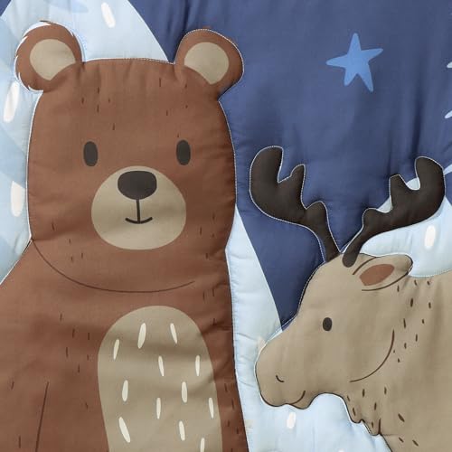 Peanutshell Under The Stars Baby Crib Bedding Set, Woodland Nursery Quilt Fitted Sheet Bed Skirt, Blue 28x52in 5 Product: The Peanutshell 3 Piece Baby Crib Bedding Set for Boys - Newborn, Infant & Toddler Nursery Bed Set Decor with Fitted Crib Sheet, Dust Ruffle Comforter - Under The Stars