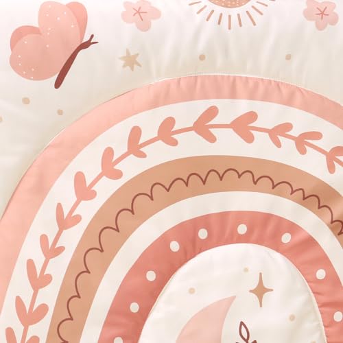 Boho Butterfly Rainbow Crib Bedding Set, 3 Piece Nursery Quilt Fitted Sheet Bed Skirt, Soft Pink Terracotta 28x52 in 5 Product: The Peanutshell 3 Piece Baby Crib Bedding Set for Girls - Newborn, Infant & Toddler Nursery Bed Set Decor with Fitted Crib Sheet, Dust Ruffle Comforter - Boho Rainbow