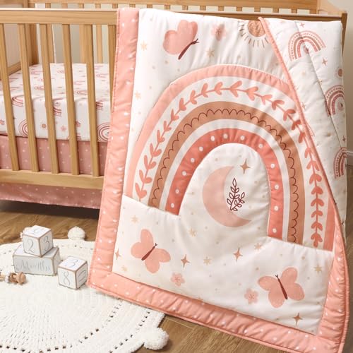 Boho Butterfly Rainbow Crib Bedding Set, 3 Piece Nursery Quilt Fitted Sheet Bed Skirt, Soft Pink Terracotta 28x52 in 3 Product: The Peanutshell 3 Piece Baby Crib Bedding Set for Girls - Newborn, Infant & Toddler Nursery Bed Set Decor with Fitted Crib Sheet, Dust Ruffle Comforter - Boho Rainbow