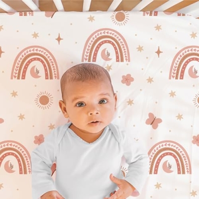 Boho Butterfly Rainbow Crib Bedding Set, 3 Piece Nursery Quilt Fitted Sheet Bed Skirt, Soft Pink Terracotta 28x52 in 8 Product: The Peanutshell 3 Piece Baby Crib Bedding Set for Girls - Newborn, Infant & Toddler Nursery Bed Set Decor with Fitted Crib Sheet, Dust Ruffle Comforter - Boho Rainbow