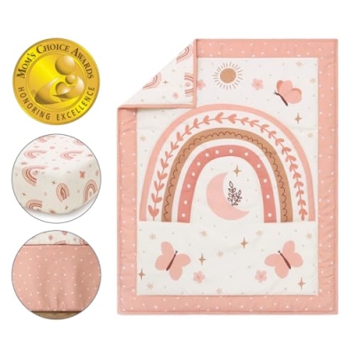 Boho Butterfly Rainbow Crib Bedding Set, 3 Piece Nursery Quilt Fitted Sheet Bed Skirt, Soft Pink Terracotta 28x52 in 7 Product: The Peanutshell 3 Piece Baby Crib Bedding Set for Girls - Newborn, Infant & Toddler Nursery Bed Set Decor with Fitted Crib Sheet, Dust Ruffle Comforter - Boho Rainbow