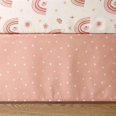 Boho Butterfly Rainbow Crib Bedding Set, 3 Piece Nursery Quilt Fitted Sheet Bed Skirt, Soft Pink Terracotta 28x52 in 10 Product: The Peanutshell 3 Piece Baby Crib Bedding Set for Girls - Newborn, Infant & Toddler Nursery Bed Set Decor with Fitted Crib Sheet, Dust Ruffle Comforter - Boho Rainbow