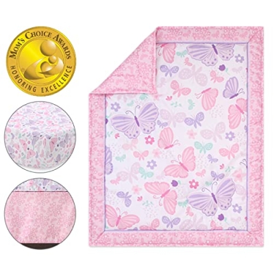 Butterfly Crib Bedding Set, Pink Purple Floral Nursery Quilt Sheet Skirt, 3 Piece Baby Bedding, 28x52 7 Product: The Peanutshell 3 Piece Baby Crib Bedding Set for Girls - Newborn, Infant & Toddler Nursery Bed Set Decor with Fitted Crib Sheet, Dust Ruffle Comforter - Butterfly Song
