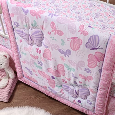Butterfly Crib Bedding Set, Pink Purple Floral Nursery Quilt Sheet Skirt, 3 Piece Baby Bedding, 28x52 11 Product: The Peanutshell 3 Piece Baby Crib Bedding Set for Girls - Newborn, Infant & Toddler Nursery Bed Set Decor with Fitted Crib Sheet, Dust Ruffle Comforter - Butterfly Song