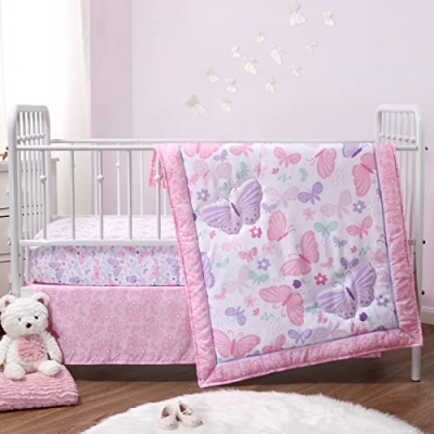 Product: The Peanutshell 3 Piece Baby Crib Bedding Set for Girls - Newborn, Infant & Toddler Nursery Bed Set Decor with Fitted Crib Sheet, Dust Ruffle Comforter - Butterfly Song