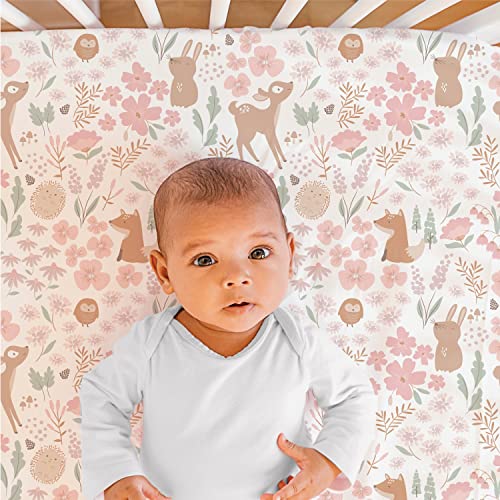 Baby Crib Bedding Set for Girls, Fairytale Forest Woodland Nursery Decor, Pink Bunny Deer Fox Owl, 3 Piece, 28x52in 2 Product: The Peanutshell 3 Piece Baby Crib Bedding Set for Girls - Newborn, Infant & Toddler Nursery Bed Set Decor with Fitted Crib Sheet, Dust Ruffle Comforter - Fairytale Forest