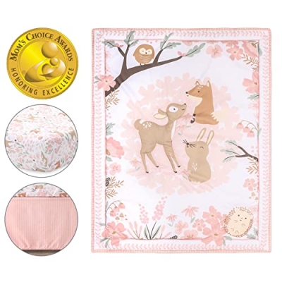Baby Crib Bedding Set for Girls, Fairytale Forest Woodland Nursery Decor, Pink Bunny Deer Fox Owl, 3 Piece, 28x52in 7 Product: The Peanutshell 3 Piece Baby Crib Bedding Set for Girls - Newborn, Infant & Toddler Nursery Bed Set Decor with Fitted Crib Sheet, Dust Ruffle Comforter - Fairytale Forest