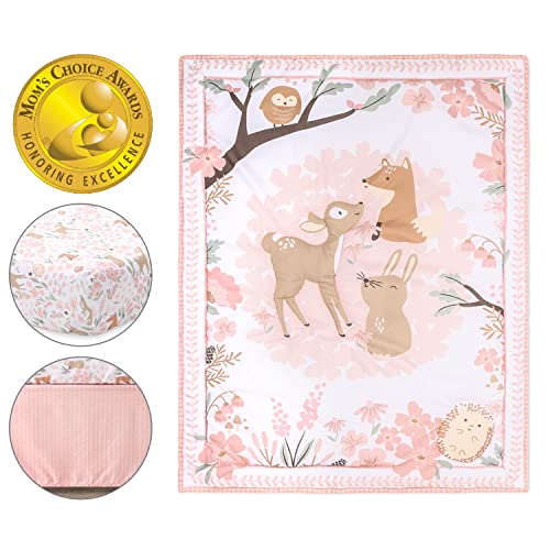 Baby Crib Bedding Set for Girls, Fairytale Forest Woodland Nursery Decor, Pink Bunny Deer Fox Owl, 3 Piece, 28x52in 1 Product: The Peanutshell 3 Piece Baby Crib Bedding Set for Girls - Newborn, Infant & Toddler Nursery Bed Set Decor with Fitted Crib Sheet, Dust Ruffle Comforter - Fairytale Forest