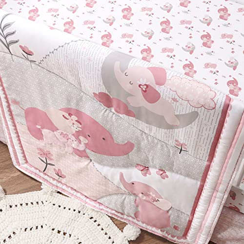 Pink Elephant Baby Crib Bedding Set for Girls, Botanical Nursery Quilt, Fitted Sheet, Bed Skirt, 28 x 52in 4 Product: The Peanutshell 3 Piece Baby Crib Bedding Set for Girls - Newborn, Infant & Toddler Nursery Bed Set Decor with Fitted Crib Sheet, Dust Ruffle Comforter - Pink Elephant