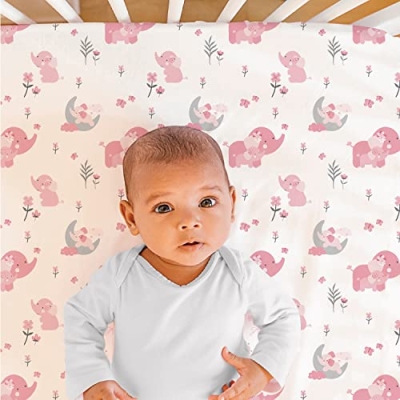 Pink Elephant Baby Crib Bedding Set for Girls, Botanical Nursery Quilt, Fitted Sheet, Bed Skirt, 28 x 52in 8 Product: The Peanutshell 3 Piece Baby Crib Bedding Set for Girls - Newborn, Infant & Toddler Nursery Bed Set Decor with Fitted Crib Sheet, Dust Ruffle Comforter - Pink Elephant