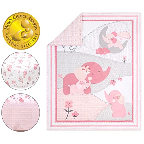Pink Elephant Baby Crib Bedding Set for Girls, Botanical Nursery Quilt, Fitted Sheet, Bed Skirt, 28 x 52in 1 Product: The Peanutshell 3 Piece Baby Crib Bedding Set for Girls - Newborn, Infant & Toddler Nursery Bed Set Decor with Fitted Crib Sheet, Dust Ruffle Comforter - Pink Elephant