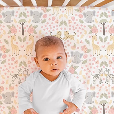 Pink Safari Crib Bedding Set, 3 Piece Quilt Fitted Sheet Bed Skirt, Zebras Elephants Giraffes Cheetahs, 28x52in 8 Product: The Peanutshell 3 Piece Baby Crib Bedding Set for Girls - Newborn, Infant & Toddler Nursery Bed Set Decor with Fitted Crib Sheet, Dust Ruffle Comforter - Wildest Dreams
