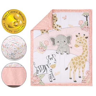 Pink Safari Crib Bedding Set, 3 Piece Quilt Fitted Sheet Bed Skirt, Zebras Elephants Giraffes Cheetahs, 28x52in 7 Product: The Peanutshell 3 Piece Baby Crib Bedding Set for Girls - Newborn, Infant & Toddler Nursery Bed Set Decor with Fitted Crib Sheet, Dust Ruffle Comforter - Wildest Dreams