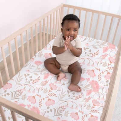 Floral Pink Crib Sheet Set, 4 Pack Baby Girl Nursery Bedding, Soft Pink Beige Tan, 52x28in 11 Product: The Peanutshell 4-Pack Fitted Crib Sheet Set - Super Soft & Breathable Baby Girl Crib Sheets, Nursery Decor, Fit for Standard Mattress Cover- Whimsical Floral
