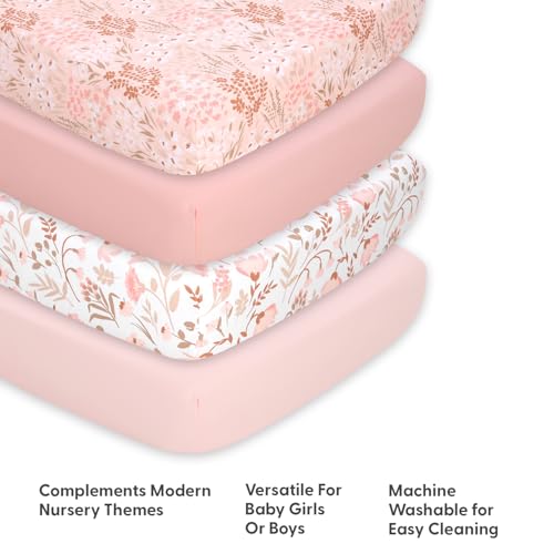Floral Pink Crib Sheet Set, 4 Pack Baby Girl Nursery Bedding, Soft Pink Beige Tan, 52x28in 3 Product: The Peanutshell 4-Pack Fitted Crib Sheet Set - Super Soft & Breathable Baby Girl Crib Sheets, Nursery Decor, Fit for Standard Mattress Cover- Whimsical Floral