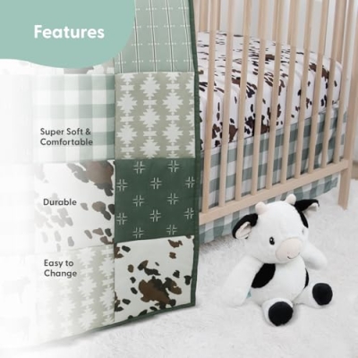 Product: The Peanutshell 4 Piece Baby Crib Bedding Set for Boys & Girls - Newborn, Infant & Toddler Nursery Bed Set with Fitted Crib Sheet, Bed Skirt, Comforter, Cow Plush Toy - Farm Animals Nursery Decor