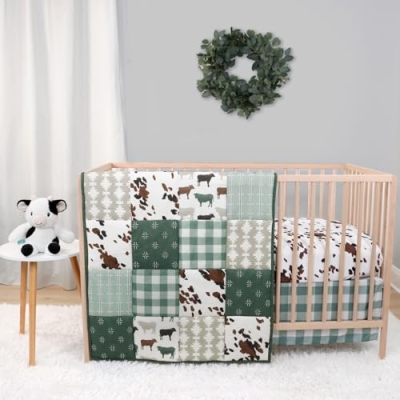 Product: The Peanutshell 4 Piece Baby Crib Bedding Set for Boys & Girls - Newborn, Infant & Toddler Nursery Bed Set with Fitted Crib Sheet, Bed Skirt, Comforter, Cow Plush Toy - Farm Animals Nursery Decor