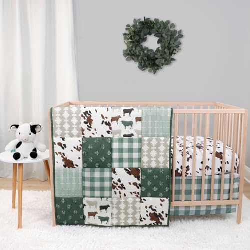 Product: The Peanutshell 4 Piece Baby Crib Bedding Set for Boys & Girls - Newborn, Infant & Toddler Nursery Bed Set with Fitted Crib Sheet, Bed Skirt, Comforter, Cow Plush Toy - Farm Animals Nursery Decor