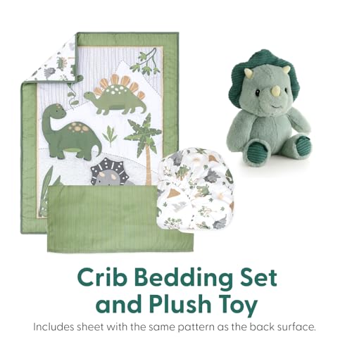 Dinosaur Baby Crib Bedding Set, Boys Nursery Decor, Sage Green White, 4 Piece Crib Sheet Comforter Plush Toy, 28x52in 1 Product: The Peanutshell 4 Piece Baby Crib Bedding Set for Boys - Newborn, Infant & Toddler Nursery Bed Set with Fitted Crib Sheet, Dust Ruffle Comforter, Dinosaur Plush Toy - Dino Nursery Decor