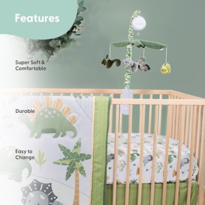 Baby Crib Bedding Set for Boys, Dinosaur Nursery Decor, Quilt Fitted Sheet Bed Skirt Dino Mobile, Standard Crib 28x52in 11 Product: The Peanutshell 4 Piece Baby Crib Bedding Set for Boys - Newborn, Infant & Toddler Nursery Bed Set with Fitted Crib Sheet, Dust Ruffle, Comforter, Mobile - Dinosaur Nursery Decor