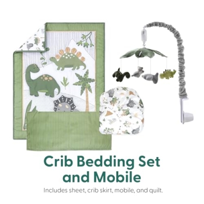 Baby Crib Bedding Set for Boys, Dinosaur Nursery Decor, Quilt Fitted Sheet Bed Skirt Dino Mobile, Standard Crib 28x52in 9 Product: The Peanutshell 4 Piece Baby Crib Bedding Set for Boys - Newborn, Infant & Toddler Nursery Bed Set with Fitted Crib Sheet, Dust Ruffle, Comforter, Mobile - Dinosaur Nursery Decor