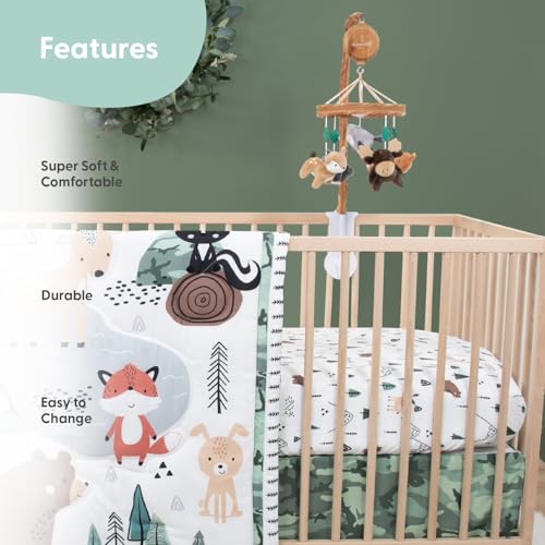 The Peanutshell Woodland Camo Baby Crib Bedding Set for Boys, 4 Piece Nursery Decor, Green Brown Forest Animals, Standard Crib 28x52in 3 Product: The Peanutshell 4 Piece Baby Crib Bedding Set for Boys - Newborn, Infant & Toddler Nursery Bed Set with Fitted Crib Sheet, Dust Ruffle, Comforter, Mobile - Woodland Camo Nursery Decor