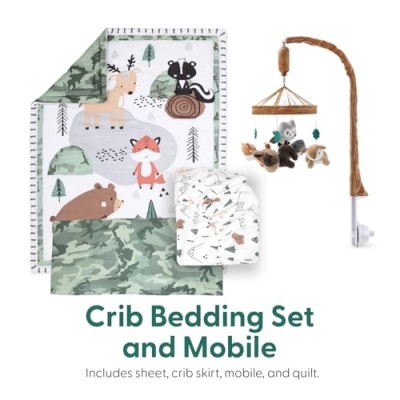 The Peanutshell Woodland Camo Baby Crib Bedding Set for Boys, 4 Piece Nursery Decor, Green Brown Forest Animals, Standard Crib 28x52in 9 Product: The Peanutshell 4 Piece Baby Crib Bedding Set for Boys - Newborn, Infant & Toddler Nursery Bed Set with Fitted Crib Sheet, Dust Ruffle, Comforter, Mobile - Woodland Camo Nursery Decor