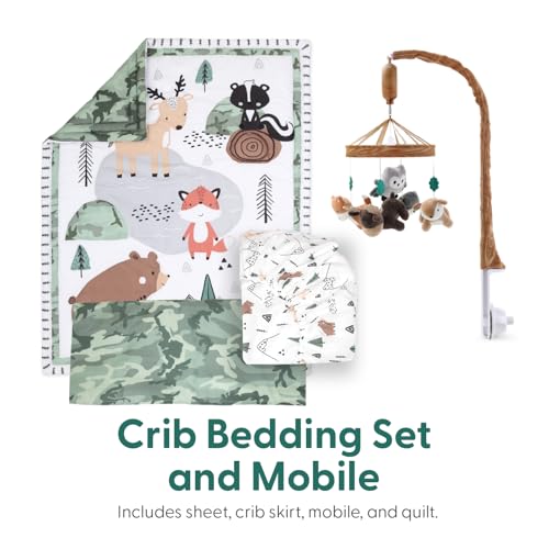 The Peanutshell Woodland Camo Baby Crib Bedding Set for Boys, 4 Piece Nursery Decor, Green Brown Forest Animals, Standard Crib 28x52in 1 Product: The Peanutshell 4 Piece Baby Crib Bedding Set for Boys - Newborn, Infant & Toddler Nursery Bed Set with Fitted Crib Sheet, Dust Ruffle, Comforter, Mobile - Woodland Camo Nursery Decor