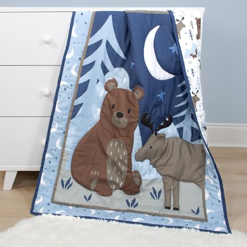The Peanutshell Woodland Baby Crib Bedding Set for Boys, 4 Piece Nursery Ensemble, Moon Stars Moose Bear Blue, 28x52in 5 Product: The Peanutshell 4 Piece Baby Crib Bedding Set for Boys - Newborn, Infant & Toddler Nursery Bed Set with Fitted Crib Sheet, Dust Ruffle, Comforter, Mobile - Woodland Nursery Decor