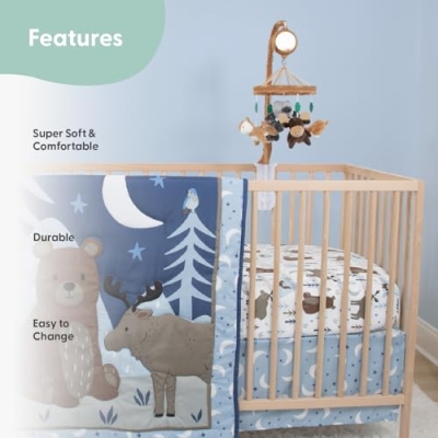 The Peanutshell Woodland Baby Crib Bedding Set for Boys, 4 Piece Nursery Ensemble, Moon Stars Moose Bear Blue, 28x52in 11 Product: The Peanutshell 4 Piece Baby Crib Bedding Set for Boys - Newborn, Infant & Toddler Nursery Bed Set with Fitted Crib Sheet, Dust Ruffle, Comforter, Mobile - Woodland Nursery Decor
