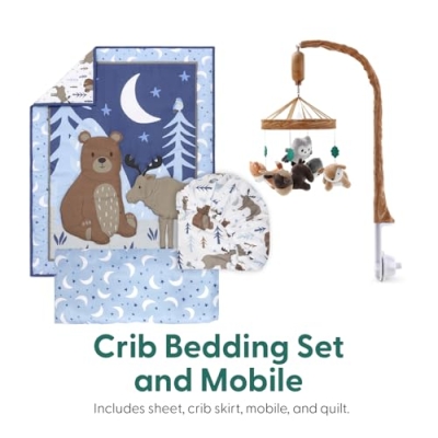 The Peanutshell Woodland Baby Crib Bedding Set for Boys, 4 Piece Nursery Ensemble, Moon Stars Moose Bear Blue, 28x52in 9 Product: The Peanutshell 4 Piece Baby Crib Bedding Set for Boys - Newborn, Infant & Toddler Nursery Bed Set with Fitted Crib Sheet, Dust Ruffle, Comforter, Mobile - Woodland Nursery Decor
