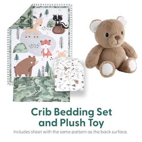 Baby Crib Bedding Set for Boys, Woodland Camo Nursery Decor, Bear Fox Deer Quilt, 4 Piece, Standard Crib 28 x 52 in 1 Product: The Peanutshell 4 Piece Baby Crib Bedding Set for Boys - Newborn, Infant & Toddler Nursery Bed Set with Fitted Crib Sheet, Dust Ruffle, Comforter, Plush Bear - Woodland Camo Nursery Decor