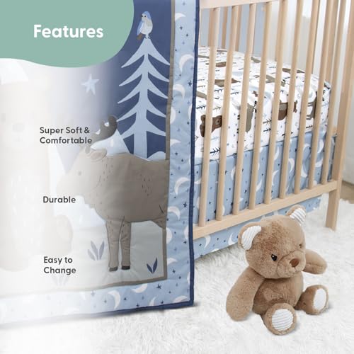 Peanutshell Woodland Baby Crib Bedding Set, Boys Blue Nursery Decor, Quilt Sheet Bed Skirt Bear Toy, 28x52in 3 Product: The Peanutshell 4 Piece Baby Crib Bedding Set for Boys - Newborn, Infant & Toddler Nursery Bed Set with Fitted Crib Sheet, Dust Ruffle, Comforter, Plush Bear- Woodland Nursery Decor