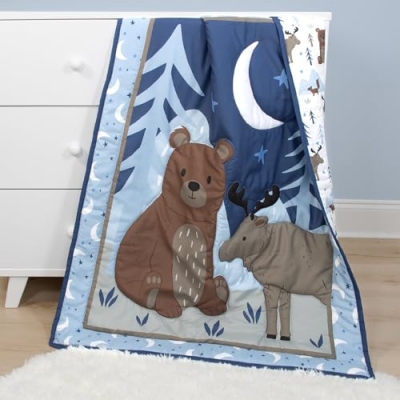 Peanutshell Woodland Baby Crib Bedding Set, Boys Blue Nursery Decor, Quilt Sheet Bed Skirt Bear Toy, 28x52in 13 Product: The Peanutshell 4 Piece Baby Crib Bedding Set for Boys - Newborn, Infant & Toddler Nursery Bed Set with Fitted Crib Sheet, Dust Ruffle, Comforter, Plush Bear- Woodland Nursery Decor