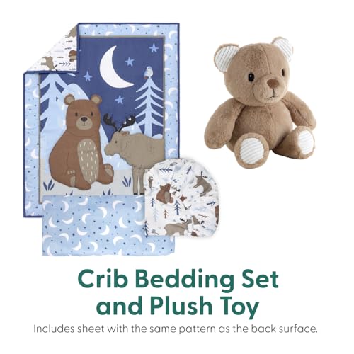 Peanutshell Woodland Baby Crib Bedding Set, Boys Blue Nursery Decor, Quilt Sheet Bed Skirt Bear Toy, 28x52in 1 Product: The Peanutshell 4 Piece Baby Crib Bedding Set for Boys - Newborn, Infant & Toddler Nursery Bed Set with Fitted Crib Sheet, Dust Ruffle, Comforter, Plush Bear- Woodland Nursery Decor
